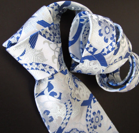 Floral-White & Blue  Silk Tie