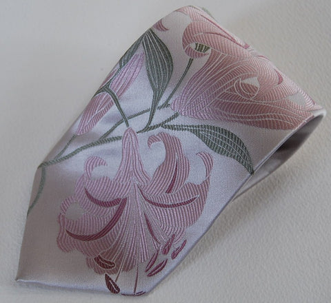 Lilium-White & Pink  Silk Tie