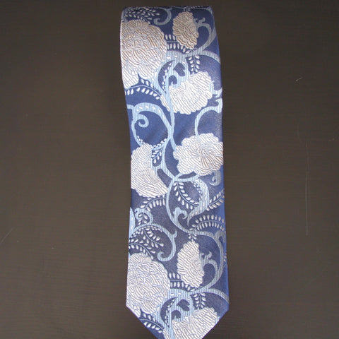 Silver on Navy flower silk tie