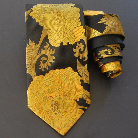 Peony - Black & Gold Silk Tie