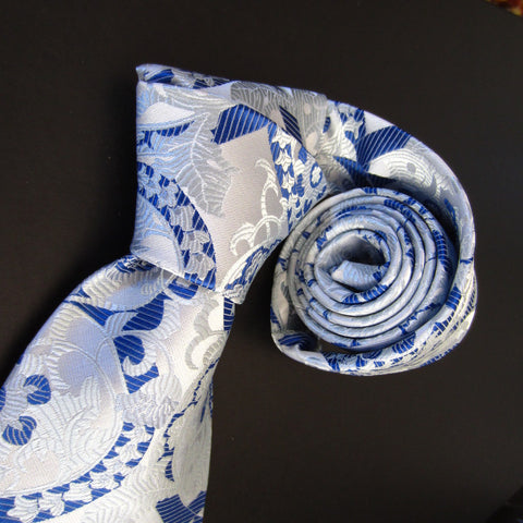Floral-White & Blue  Silk Tie