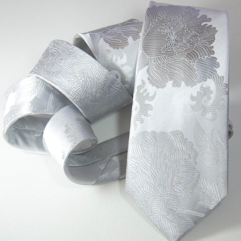Peony - White & Silver  Silk Tie