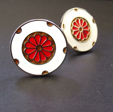 White Cuff Link "Red Flower"