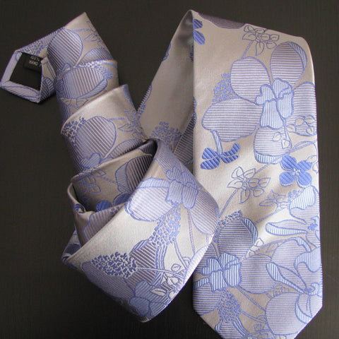 Lilac in shades of blue on silver silk tie