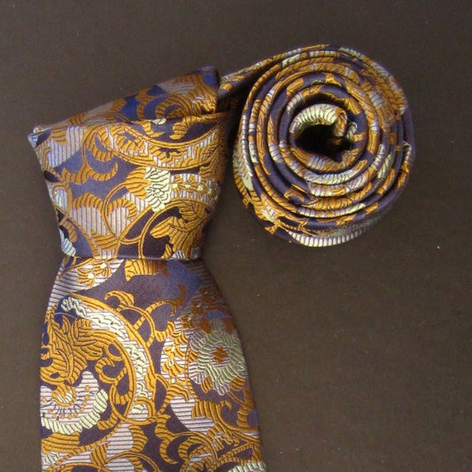 Floral-Blue, Silver & Gold  Silk Tie