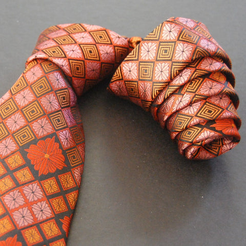 Chrysathemum Diamond-Orange & Pink  Silk Tie