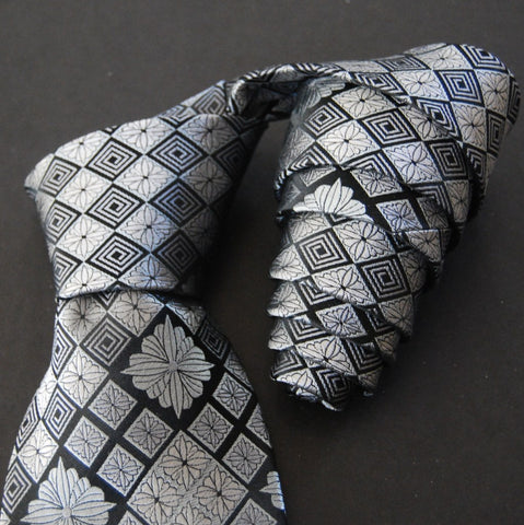 Chrysanthemum Diamond-Silver & Black  Silk Tie