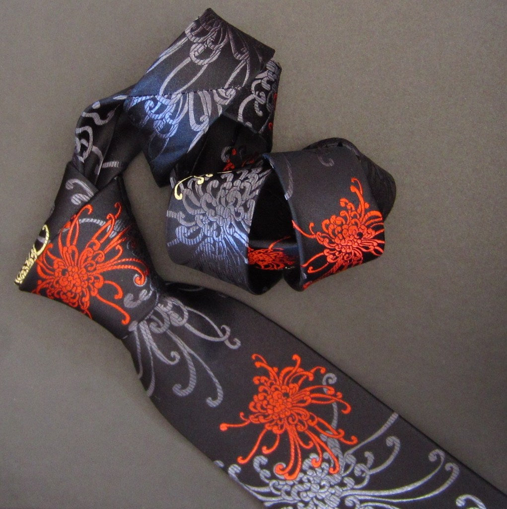 Spider Chrysanthemum - Red, Grey & Black Silk Tie