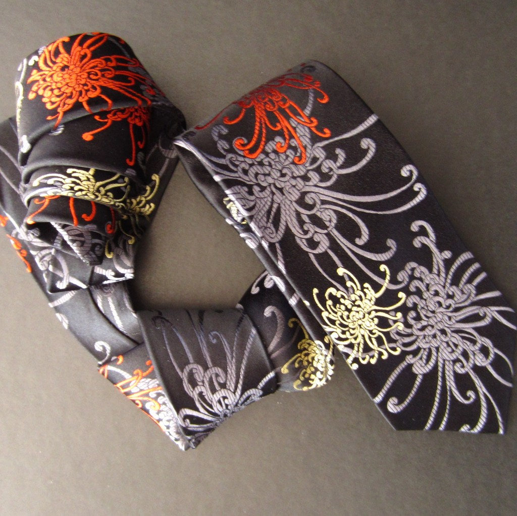 Spider Chrysanthemum - Red, Grey & Black Silk Tie