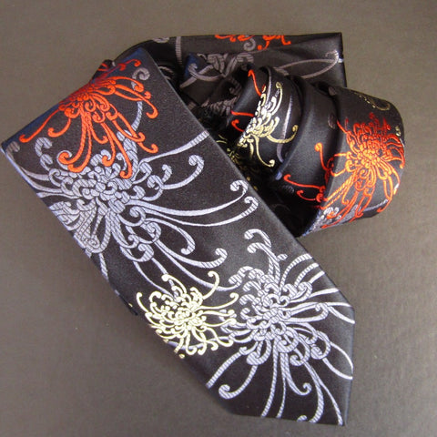 Spider Chrysanthemum - Red, Grey & Black Silk Tie