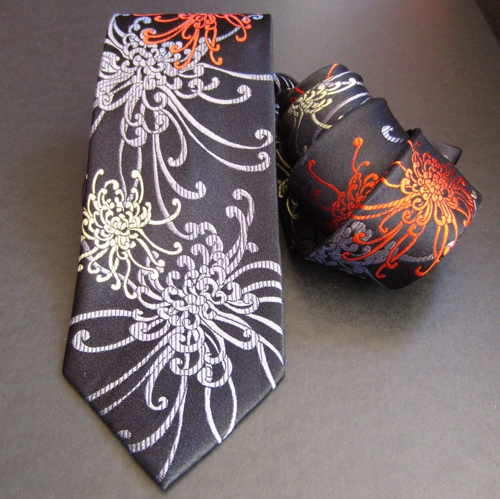 Spider Chrysanthemum - Red, Grey & Black Silk Tie