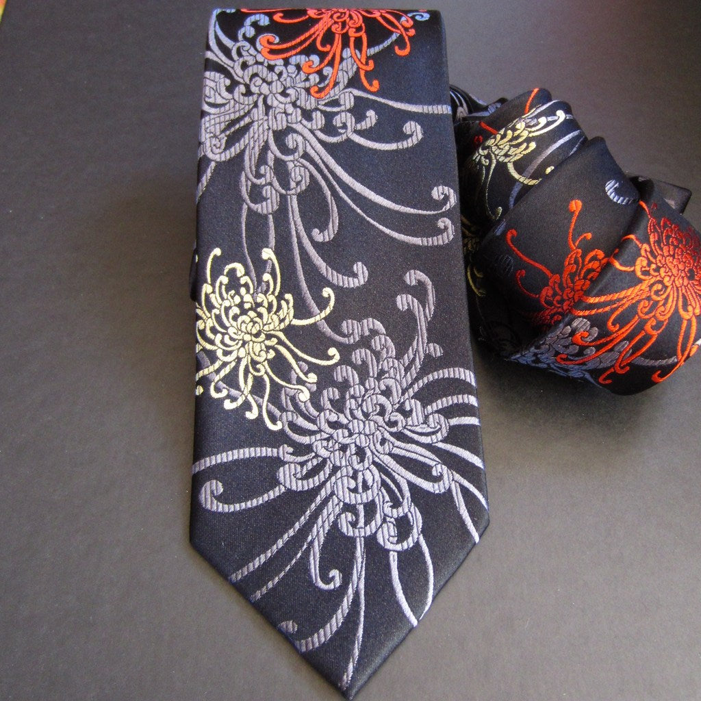 Spider Chrysanthemum - Red, Grey & Black Silk Tie