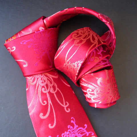 Spider Chrysanthemum - Pink, Gold & Red Silk Tie