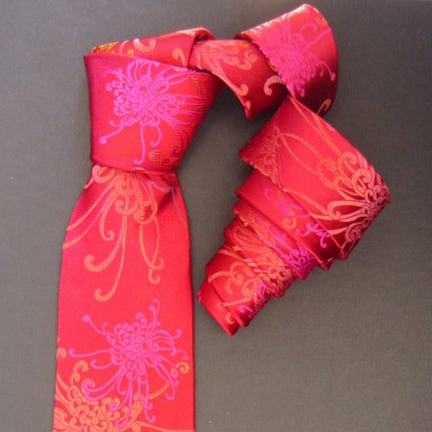 Spider Chrysanthemum - Pink, Gold & Red Silk Tie
