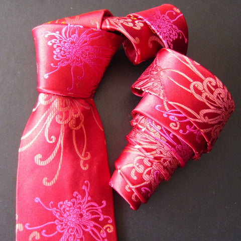 Spider Chrysanthemum - Pink, Gold & Red Silk Tie