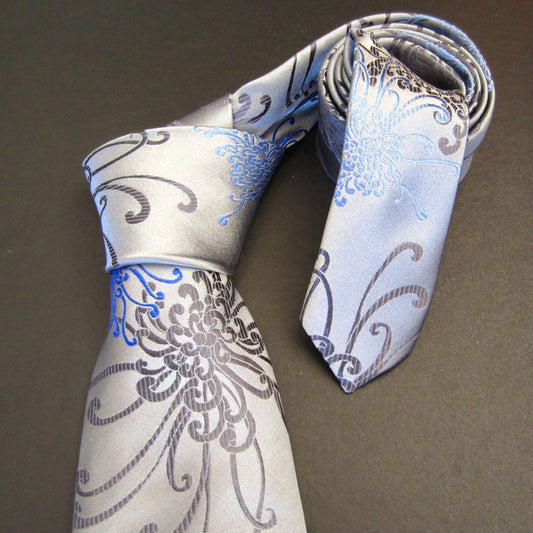 Spider Chrysanthemum Blue, Grey & Silver Silk Tie