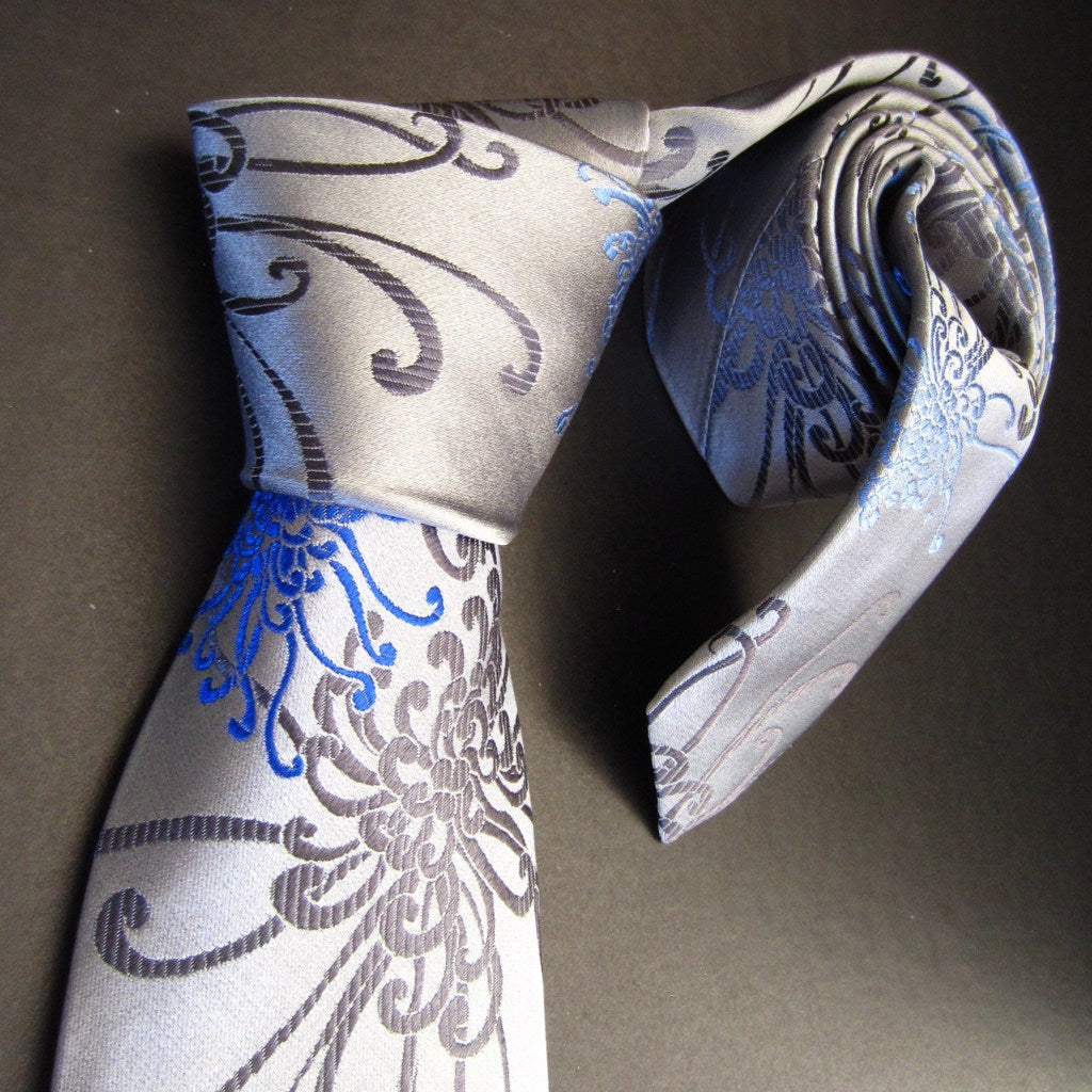 Spider Chrysanthemum Blue, Grey & Silver Silk Tie