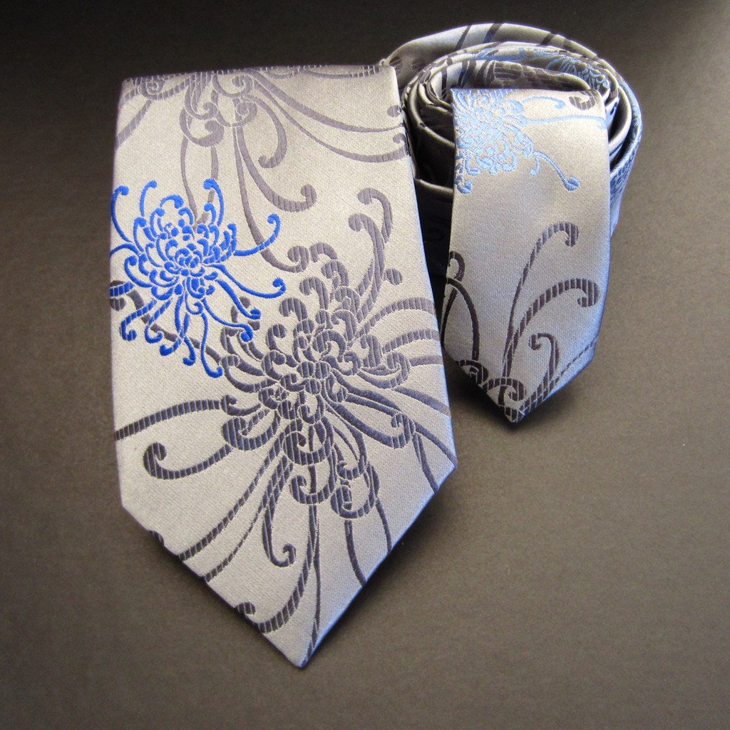 Spider Chrysanthemum Blue, Grey & Silver Silk Tie