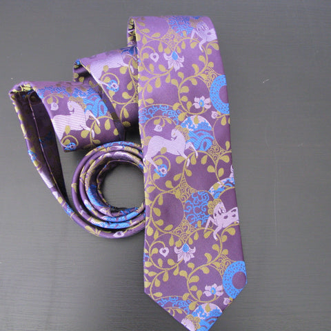 Lilac & turquoise on purple Horse Design silk tie