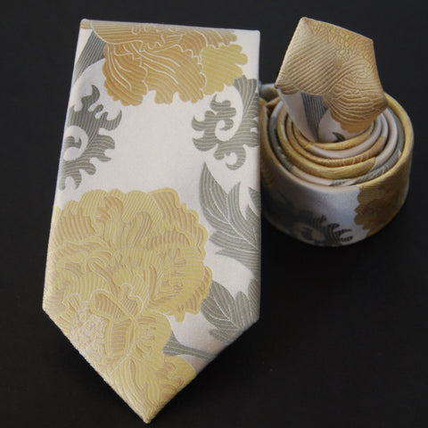 Peony-White & Yellow  Silk Tie