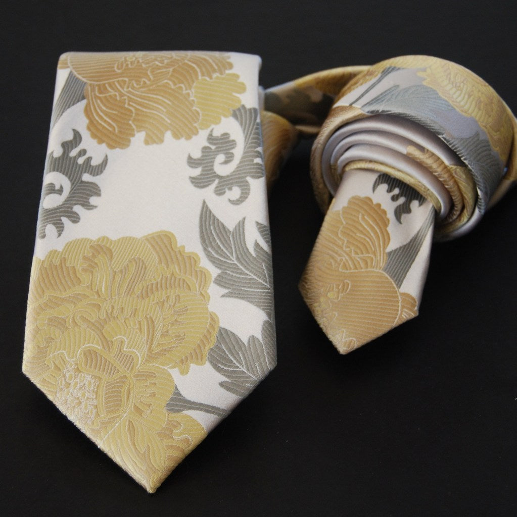Peony-White & Yellow  Silk Tie