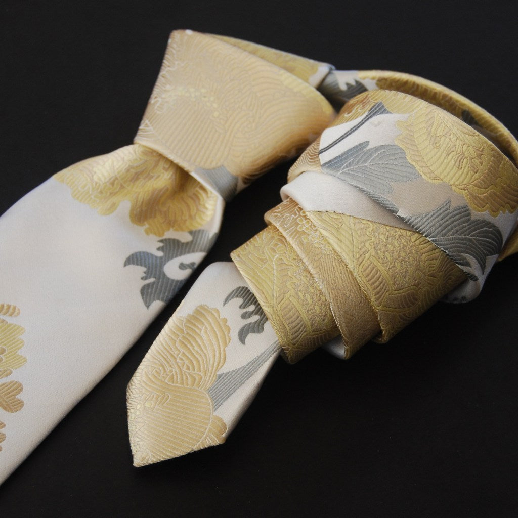 Peony-White & Yellow  Silk Tie