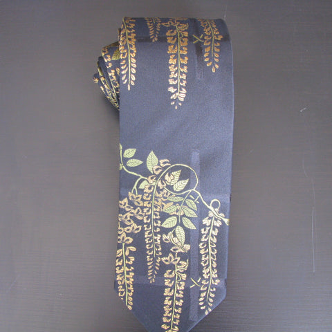 Gold & green on black Wisteria Design  silk tie