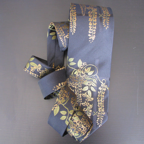 Gold & green on black Wisteria Design  silk tie
