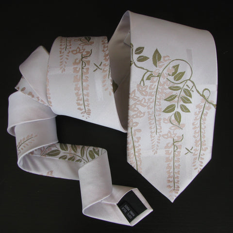 Pink & green on ivory Wisteria Design  silk tie