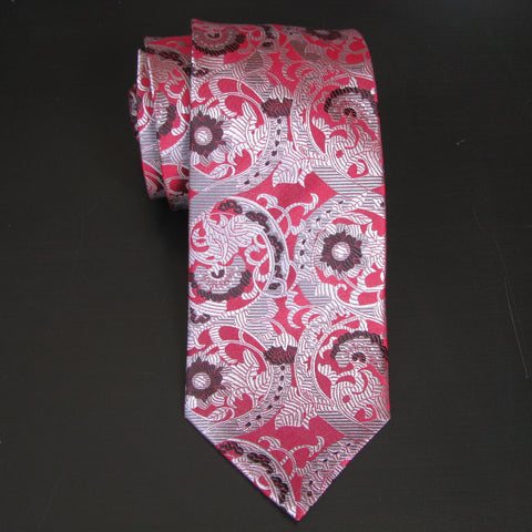 Silver & greys on red Floral design silk tie